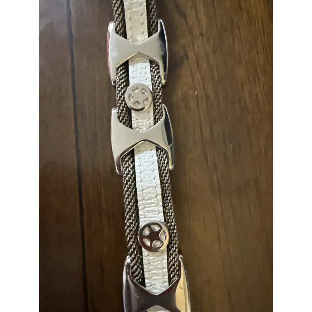 Donna Katz Women's Small White Leather and Silver Metal Mesh Star Belt Heavy EUC